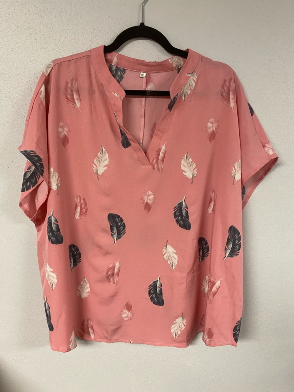 Women's Pink Feather Print V-Neck Blouse. 3XL